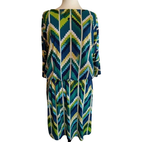 Roz &‎ Ali Dress Womens Blouson Colorful Geometric Dolman Sleeve Lagenlook Sz 10 - Picture 1 of 7